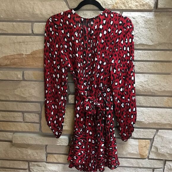 A.L.C. Red & Black Leopard Print Silk Mini Wrap Dress Size 4 - Picture 5 of 14